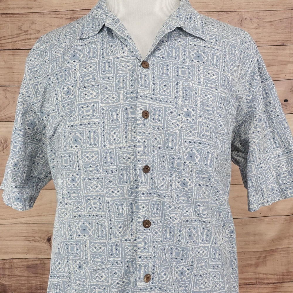 L.L. Bean Shirt Mens XL Blue Geometric Short Sleeve Button-Up Cotton Casual